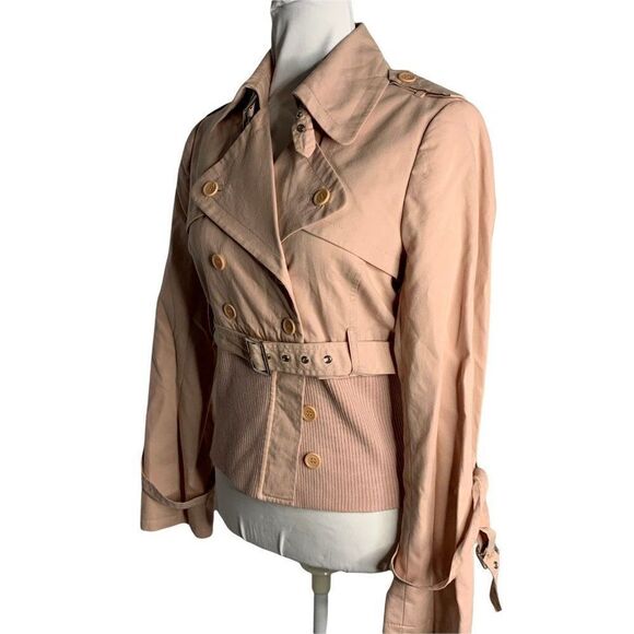 Vintage BCBG Button Front Jacket M Pink Belted Ribbed Knit Trim - Picture 4 of 7